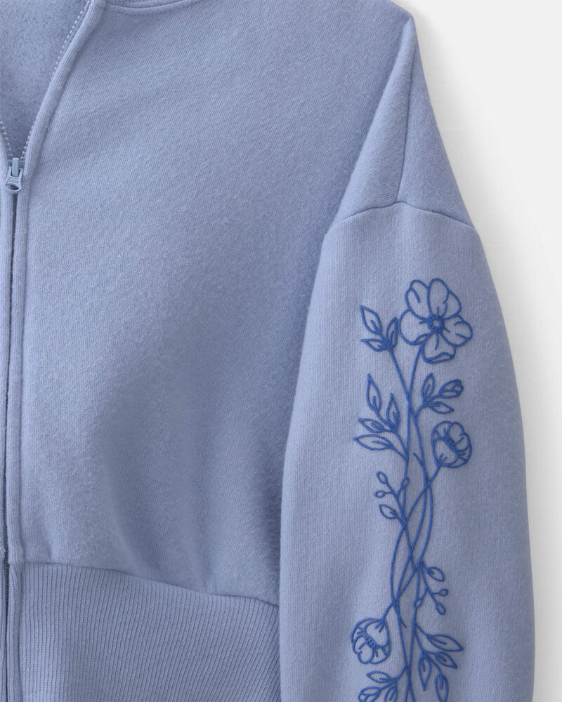 Girls Floral Fleece Zip-Up Hoodie - Blue, image 2 of 4 slides