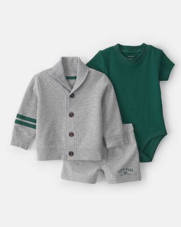 Baby Boy 3-Piece Varsity Cardigan, Bodysuit & Short Set - Green/Grey, 