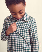 Boys Plaid Long-Sleeve Button-Down Shirt - Green/White, image 4 of 5 slides