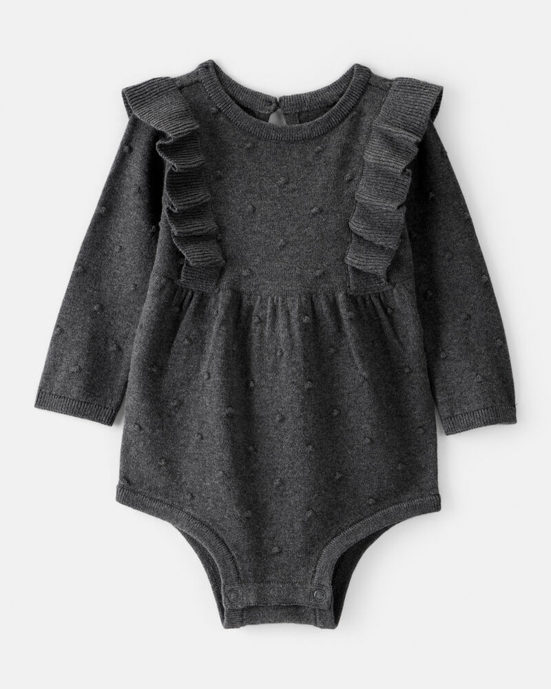 Baby Girl Ruffled Cotton Long-Sleeve Bodysuit - Grey, image 1 of 3 slides