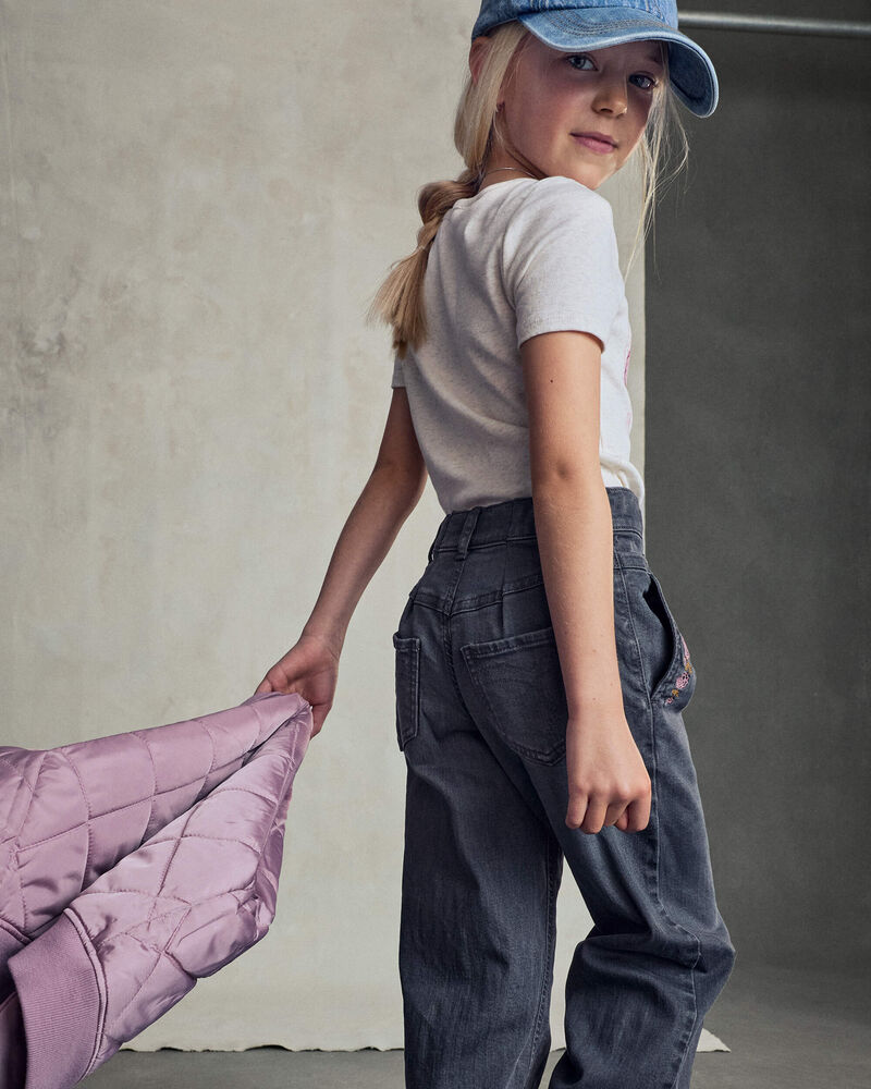 Filles - Pantalon en denim &agrave; jambe large &agrave; motif floral &ndash; D&eacute;lav&eacute; fonc&eacute;, image 6 sur 7 diapositives