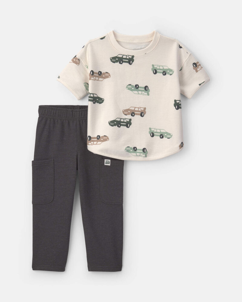 Tout-petit gar&ccedil;on - Ensemble 2 pi&egrave;ces haut manches courtes en jersey bouclette et pantalon &agrave; motif de voitures - Cr&egrave;me/Gris, image 1 sur 3 diapositives