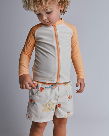 Toddler Boy Swim Trunks in Sandcastle Print - Cream, 