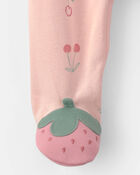 Baby Girl Strawberry 100% Cotton Sleeper - Pink, image 3 of 4 slides