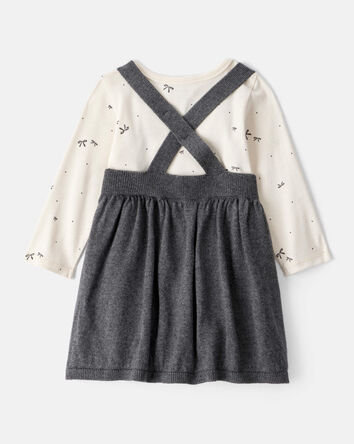 Baby Girl Bow Print Cotton Long-Sleeve Dress Set - White/Grey, 