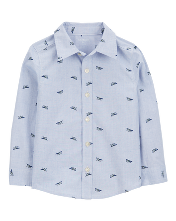 Toddler Airplane Print Long-Sleeve Button Down Shirt - Blue, 