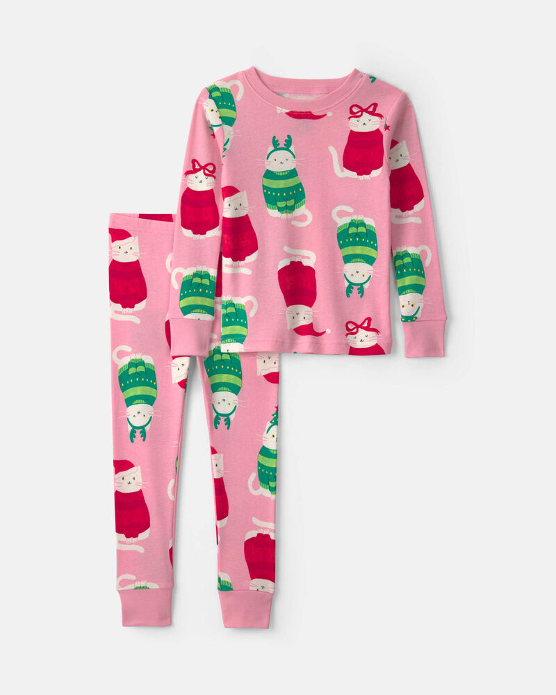 B&eacute;b&eacute; fille - Pyjama ajust&eacute; 2 pi&egrave;ces &agrave; motif chats en chandails de No&euml;l &ndash; Rose, image 1 sur 2 diapositives