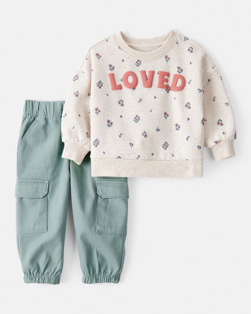 Baby 2-Piece "Loved" Pullover Sweatshirt & Pant Set - Cream/Green, image 1 of 7 slides