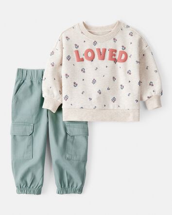 Baby 2-Piece "Loved" Pullover Sweatshirt & Pant Set - Cream/Green, 