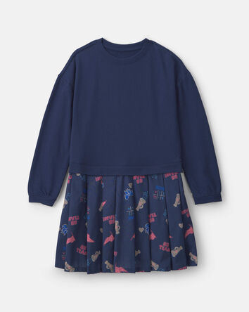 Girls Long Sleeve Cheer Print Dress - Navy, 
