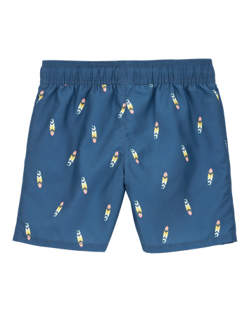 Kid Surfboard-Print Pull-On Swim Trunks, 