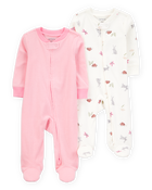 Baby Girl 2-Pack Print 2-Way Zip Cotton Sleeper Pyjamas - Pink, image 1 of 4 slides