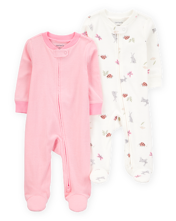 B&eacute;b&eacute; fille - Emballage de 2 grenouill&egrave;res &agrave; fermeture &agrave; glissi&egrave;re &agrave; 2 sens en coton - Rose, 