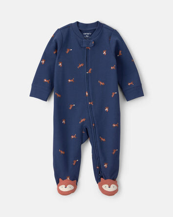 B&eacute;b&eacute; gar&ccedil;on - Grenouill&egrave;re en 100&nbsp;% coton &agrave; fermeture &agrave; glissi&egrave;re double sens et motif renard - Bleu marine, 