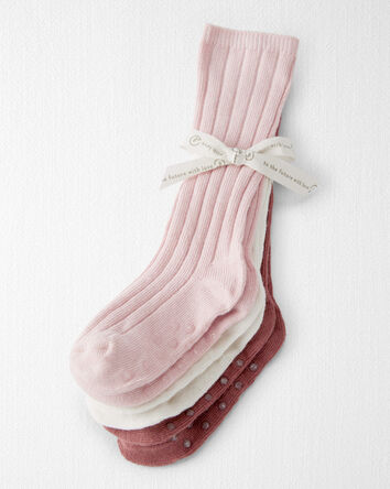Tout-petit fille - Lot de 3 paires de chaussettes antidérapantes montant jusqu'aux genoux, fabriquées en coton biologique, 