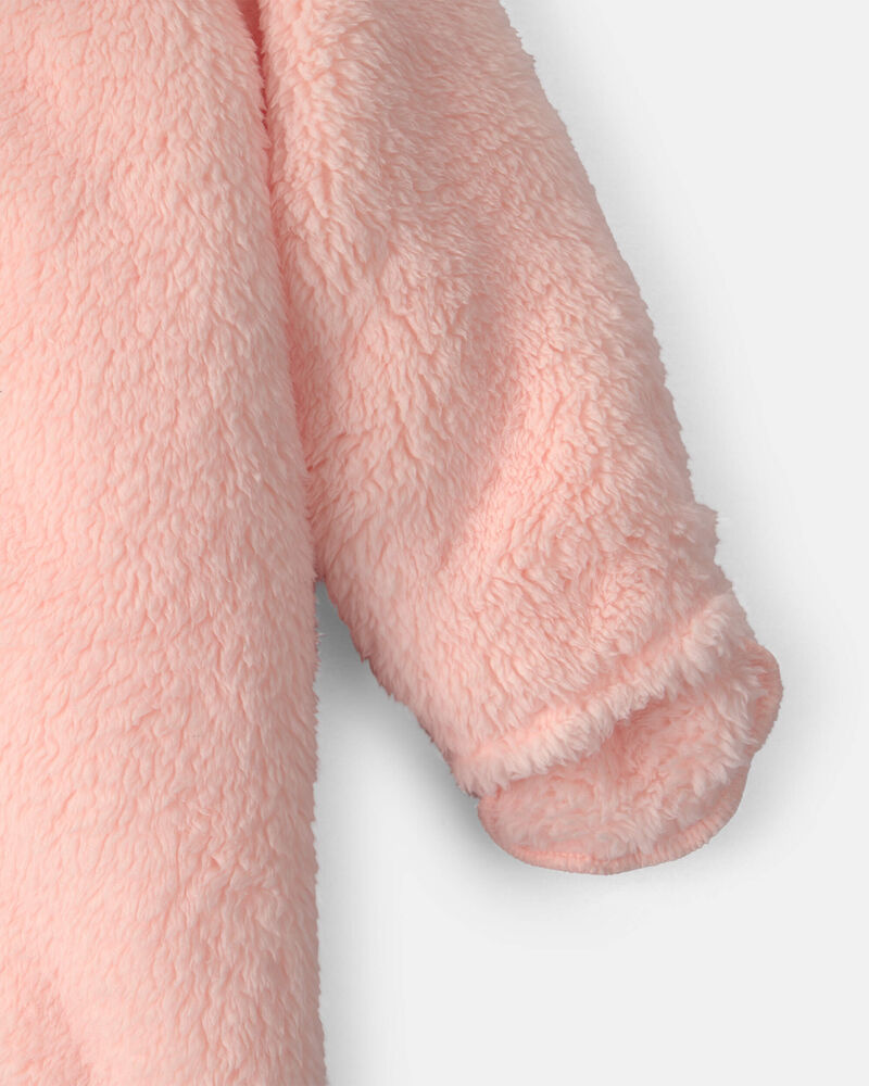 Baby Girl Bear Teddy Fleece Long-Sleeve Jumpsuit - Pink, image 3 of 5 slides