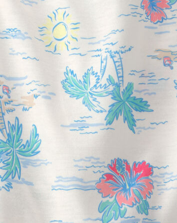 Toddler Girl Tropical Beach Sleeveless Loose Fit 2-Piece Pyjama Set - Ivory/Green, 