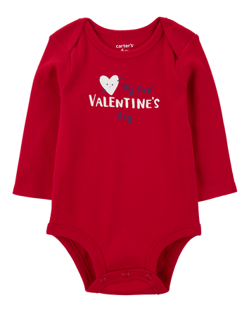 Baby Heart Valentine's Day Ribbed Long-Sleeve Bodysuit - Red, 