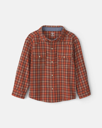 Boys Plaid Long-Sleeve Button-Down Shirt - Orange, 