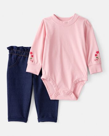 Baby Girl 2-Piece Floral Bodysuit & Pant Set - Pink, 