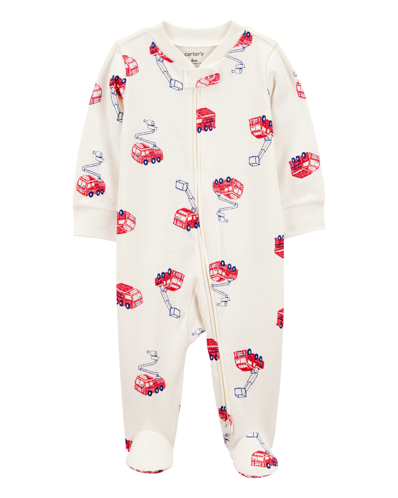 Baby Boy Fire Truck Print 2-Way Zip Cotton Sleeper Pyjamas - Cream, image 1 of 3 slides