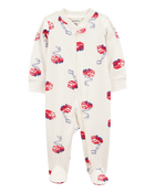 Baby Boy Fire Truck Print 2-Way Zip Cotton Sleeper Pyjamas - Cream, image 1 of 3 slides
