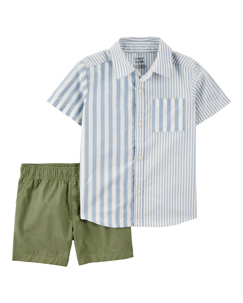 Toddler 2-Piece Striped Button-Front Shirt & Short Set - Blue/Green, image 1 of 4 slides