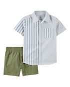 Toddler 2-Piece Striped Button-Front Shirt & Short Set - Blue/Green, image 1 of 4 slides