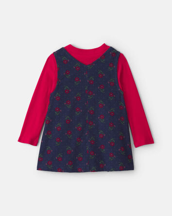 Toddler Girl 2-Piece Floral Corduroy Long-Sleeve Dress Set - Navy Blue/Red, 