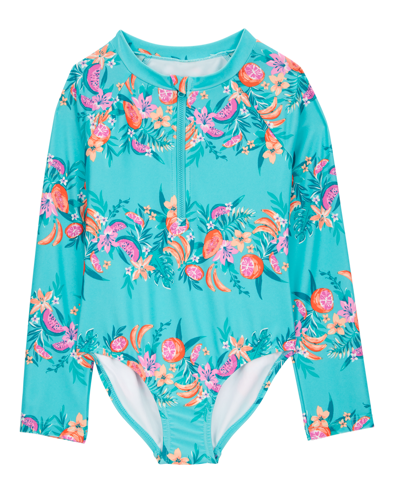 Kid 1-Piece Floral Print Rashguard Swimsuit-Turquoise, image 1 of 4 slides