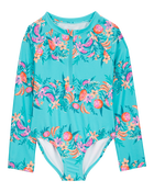 Kid 1-Piece Floral Print Rashguard Swimsuit-Turquoise, image 1 of 4 slides