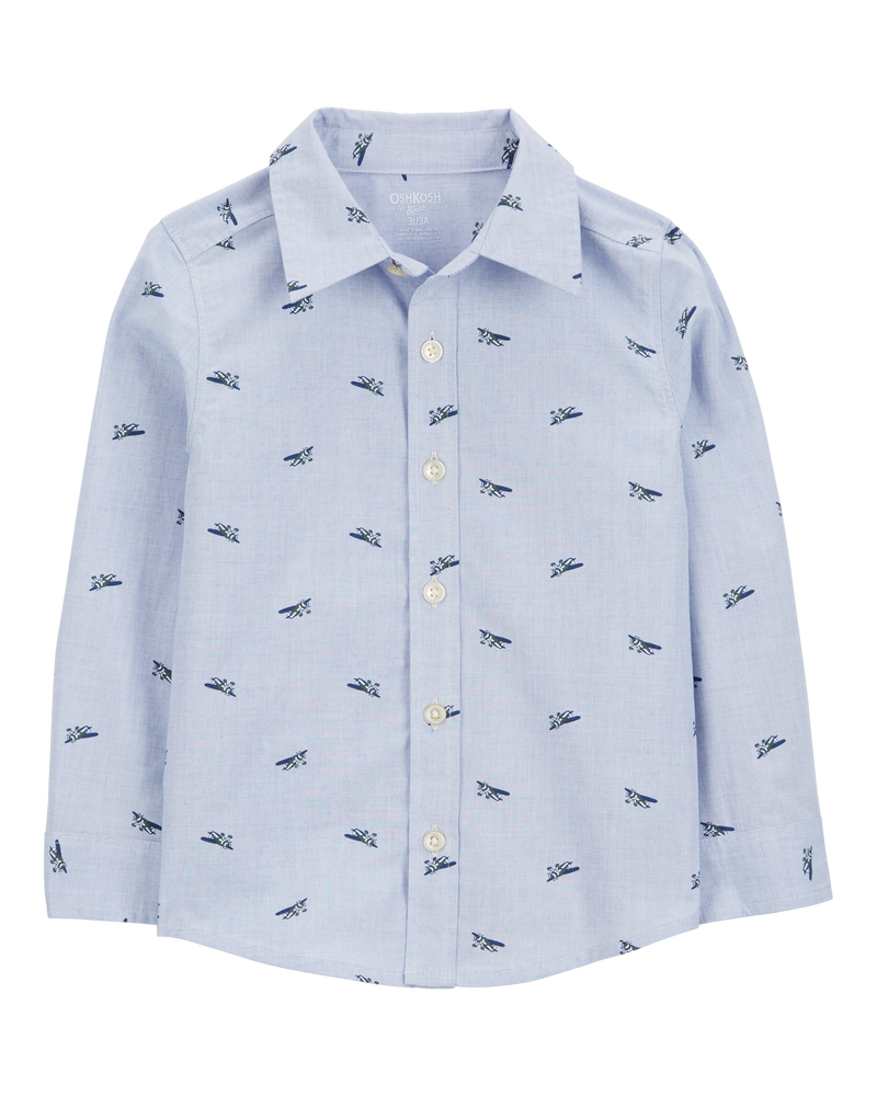 Toddler Airplane Print Long-Sleeve Button Down Shirt - Blue, image 1 of 3 slides