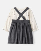 Baby Girl Bow Print Cotton Long-Sleeve Dress Set - White/Grey, image 2 of 7 slides