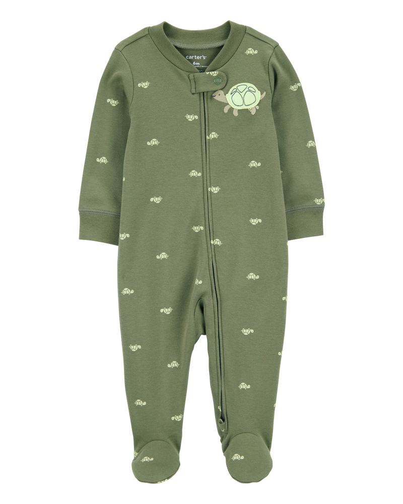 Baby Boy Turtle Print 2-Way Zip Cotton Sleeper Pyjamas - Green, image 1 of 3 slides