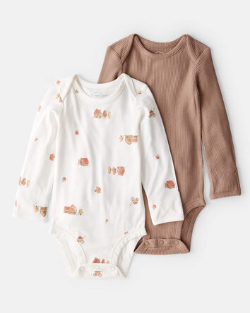 Baby Barn Print PurelySoft Long-Sleeve Multipack Bodysuits - Brown/White, 