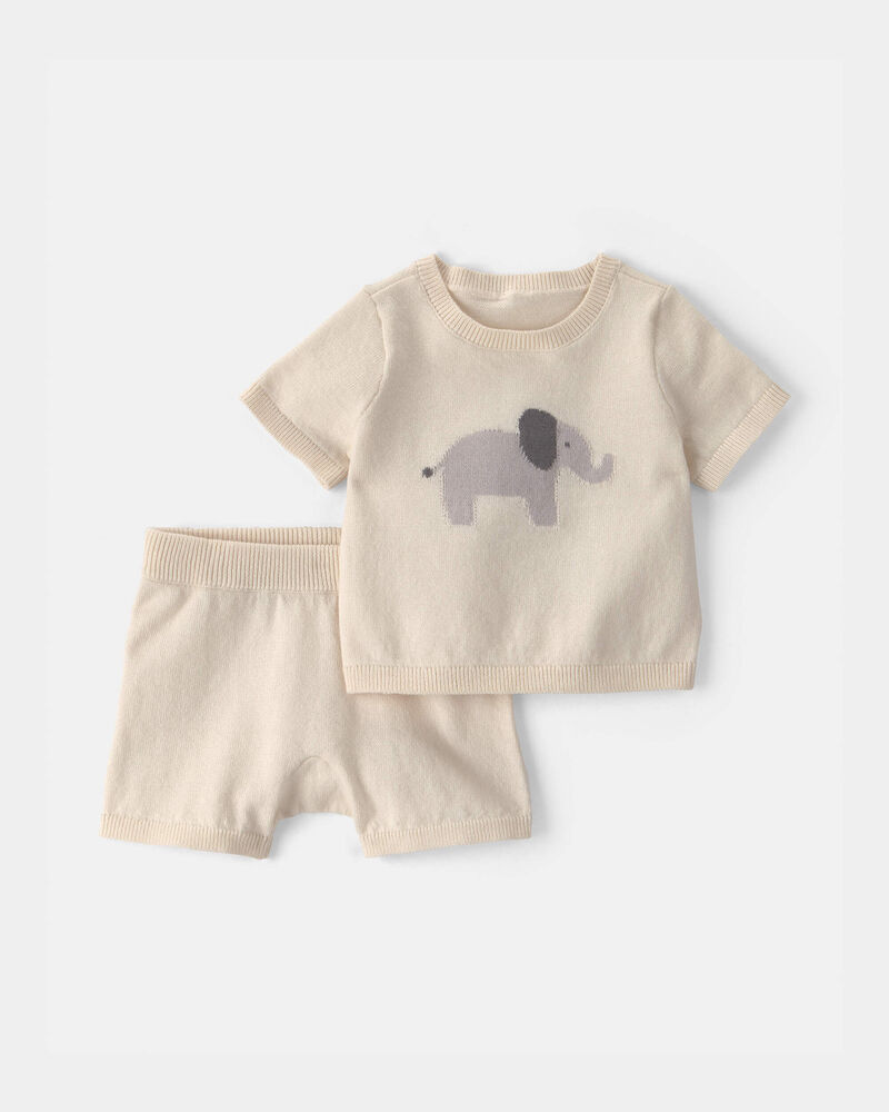 Baby 2-Piece Elephant Short-Sleeve Sweater Top & Short Set - Cream, image 1 of 3 slides