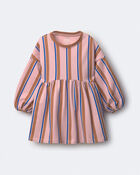 Toddler Girl Balloon-Sleeve Dress in Stripes - Pink/Brown/Blue, image 2 of 6 slides