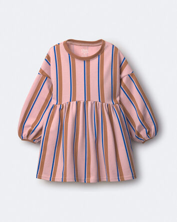 Toddler Girl Balloon-Sleeve Dress in Stripes - Pink/Brown/Blue, 