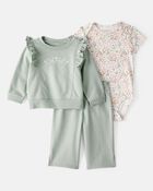 Baby Girl 3-Piece Floral Sweatshirt Outfit Set - Green, image 1 of 5 slides