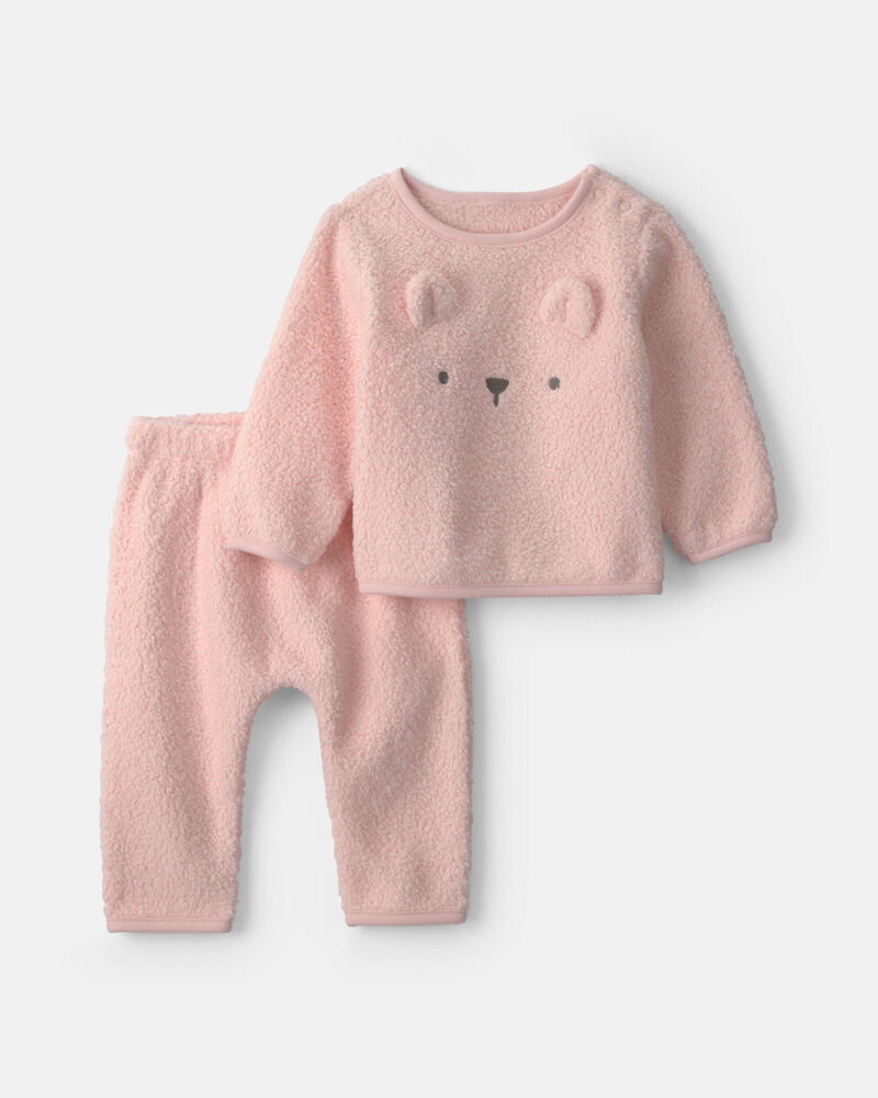 Baby Girl 2-Piece Bear Fleece Long-Sleeve Top & Pant Set - Pink, image 1 of 4 slides