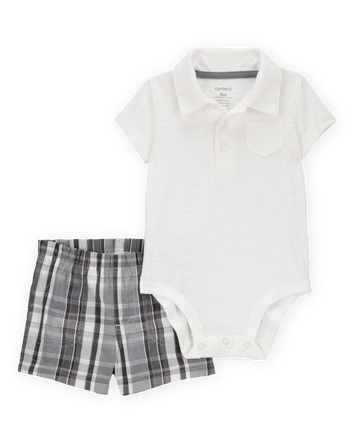 Baby 2-Piece Polo Bodysuit & Plaid Short Set - Ivory/Grey, 