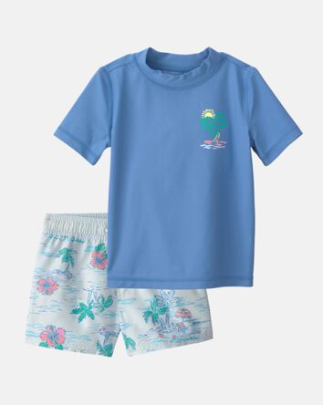 Toddler Boy 2-Piece Palm Tree Rashguard & Swim Trunk Set - Blue, 