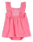 Baby Floral Flutter Bodysuit Dress - Pink, image 1 of 4 slides