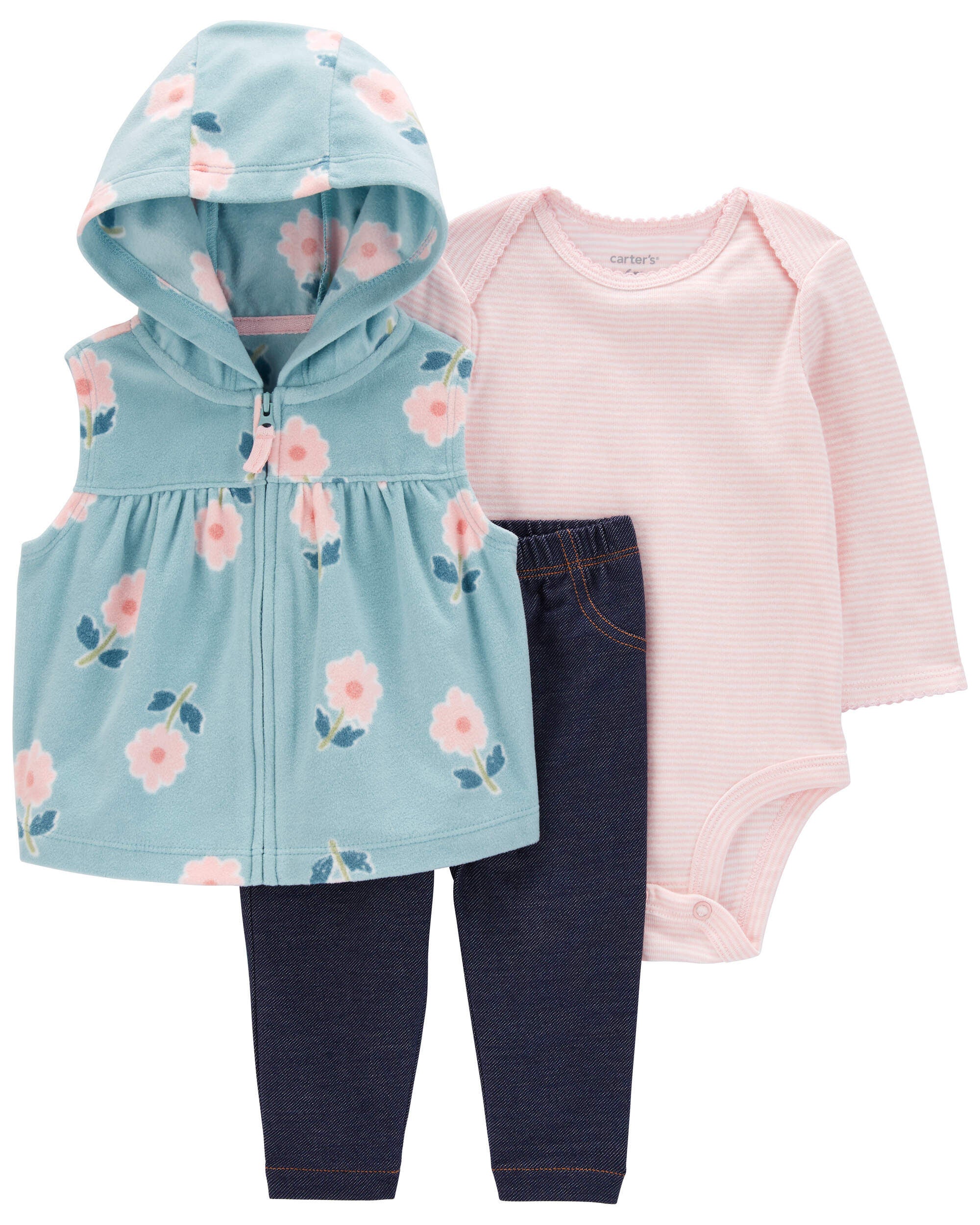Baby Girls Baby 3 Piece Floral Fleece Little Vest Set 18M Carter s