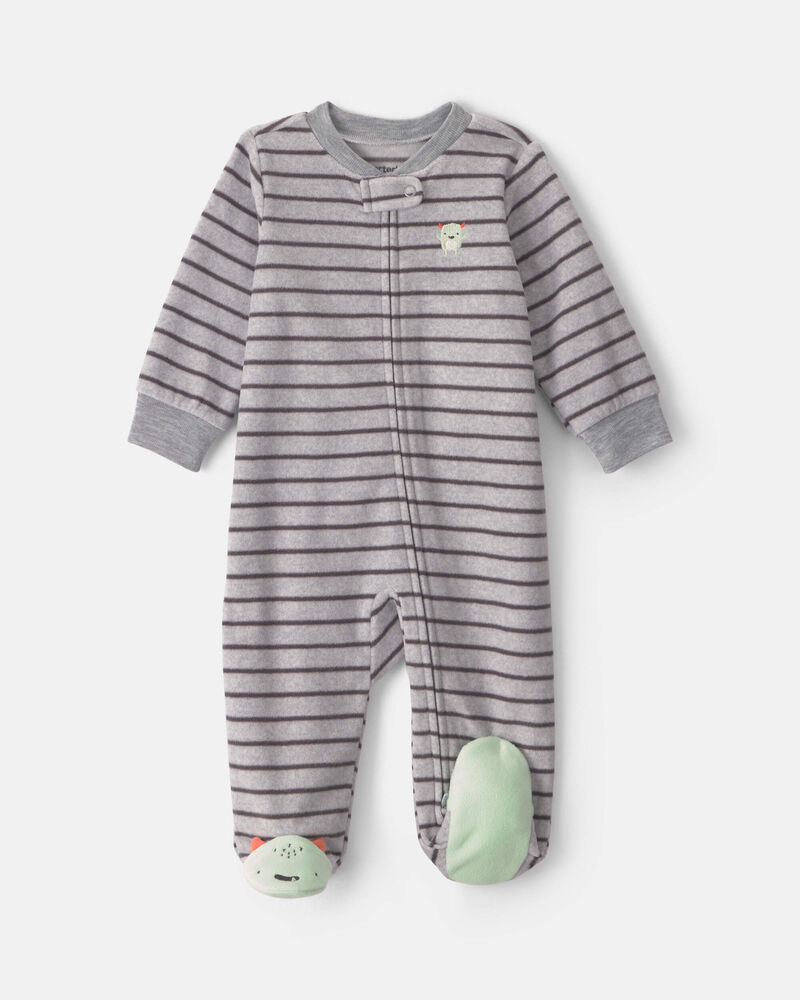 Baby Boy Monster Striped Fleece 2-Way Zip Sleeper - Grey, image 3 of 7 slides