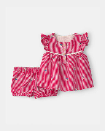 B&eacute;b&eacute; fille - Ensemble 2 pi&egrave;ces haut et short, ourson et voilier - Rouge, 