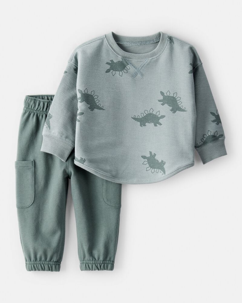 B&eacute;b&eacute; gar&ccedil;on - Ensemble t-shirt &agrave; manches longues et pantalon en French terry dinosaure- Vert/Gris, image 1 sur 4 diapositives