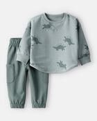 B&eacute;b&eacute; gar&ccedil;on - Ensemble t-shirt &agrave; manches longues et pantalon en French terry dinosaure- Vert/Gris, image 1 sur 4 diapositives