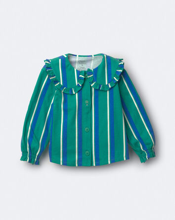 Toddler Girl Peter Pan Collar Top in Stripes - Green/Blue, 