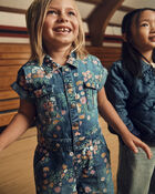 Girls Floral Denim Short-Sleeve Jumpsuit - Dark Wash, image 3 of 7 slides